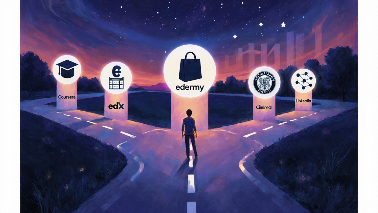 A person choosing between five learning paths, each represented by a different online education platform.