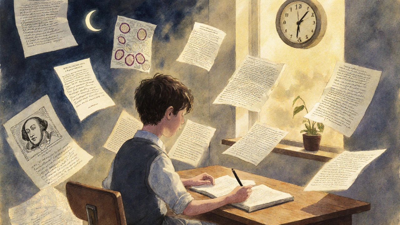 A student surrounded by floating ICSE literature and science diagrams under soft golden light.