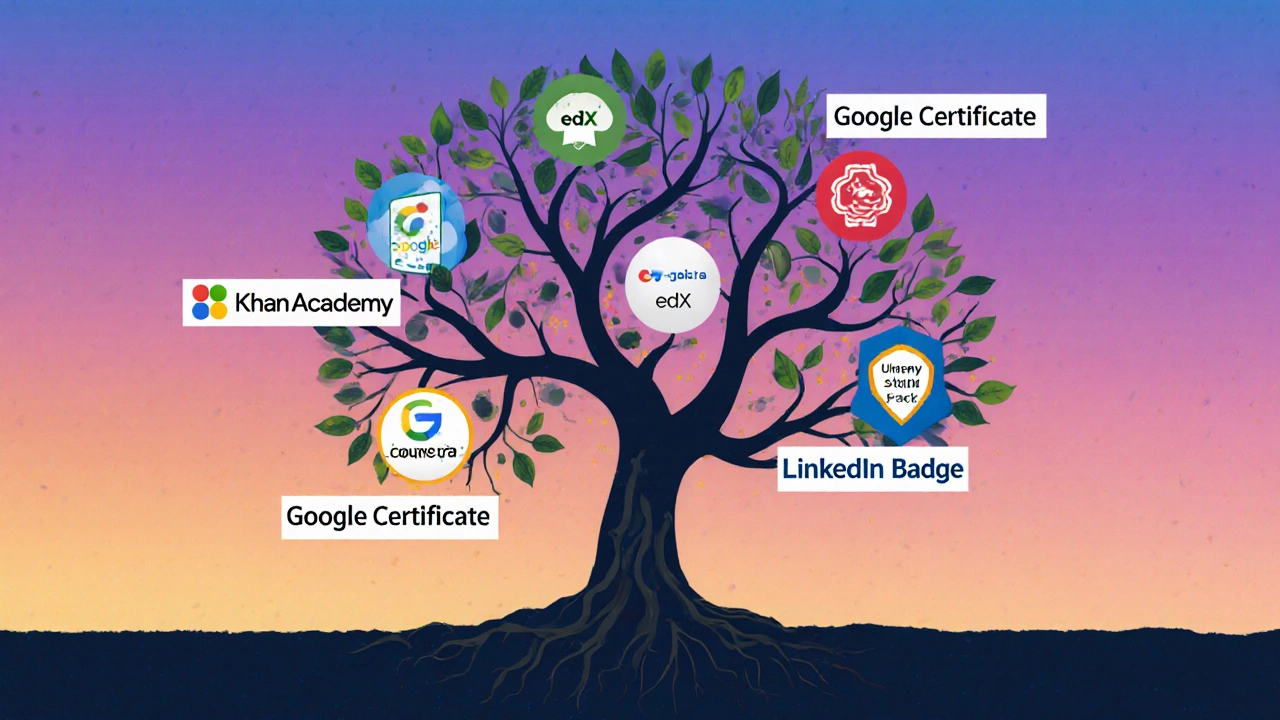 A tree with roots in free learning and branches bearing certificates from top education platforms.