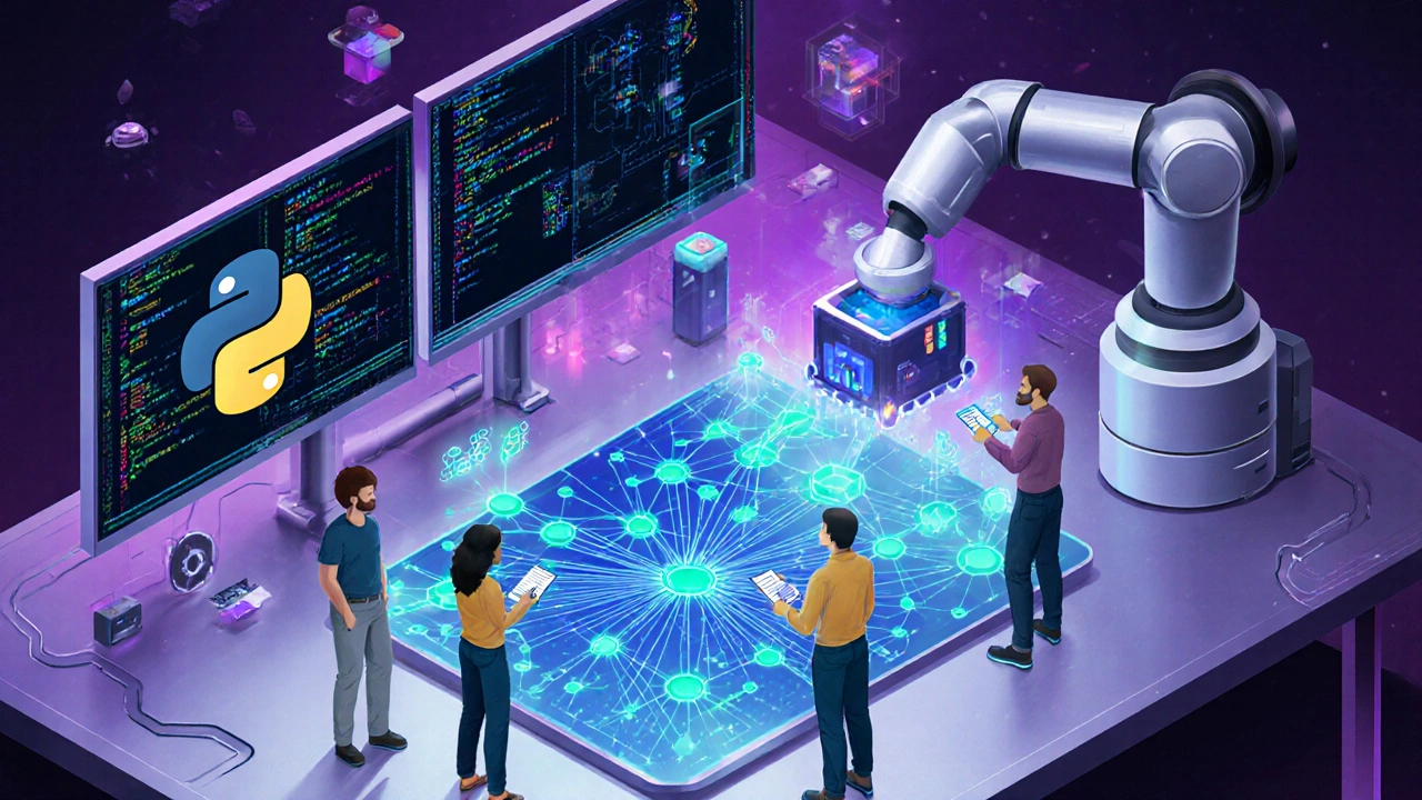 AI engineering team working with robots and code in a futuristic lab.