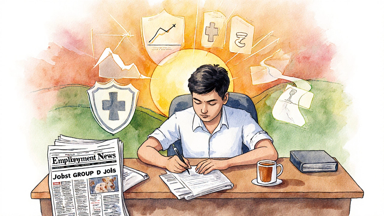 Aspirant filling UPSC form surrounded by symbols of job security, pension, and healthcare.