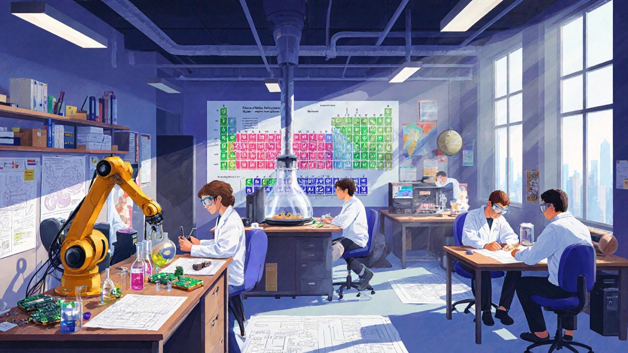 Busy lab and studio with engineering, chemistry, and architecture students working.