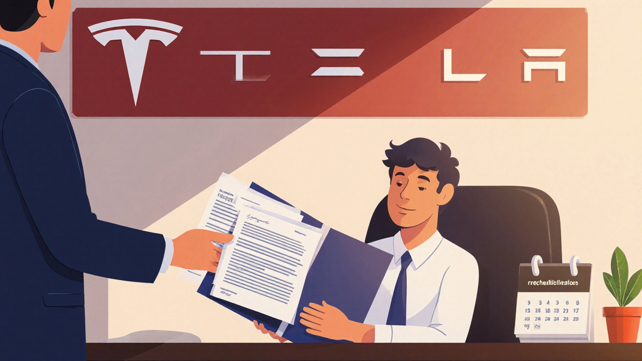 Candidate giving rehabilitation documents to a hiring manager in a Tesla office setting.