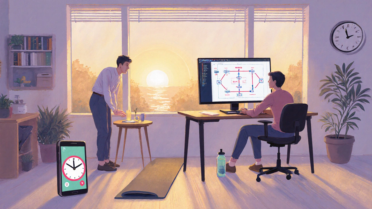 Coder using standing desk, pair programming, automation tools, and taking breaks.