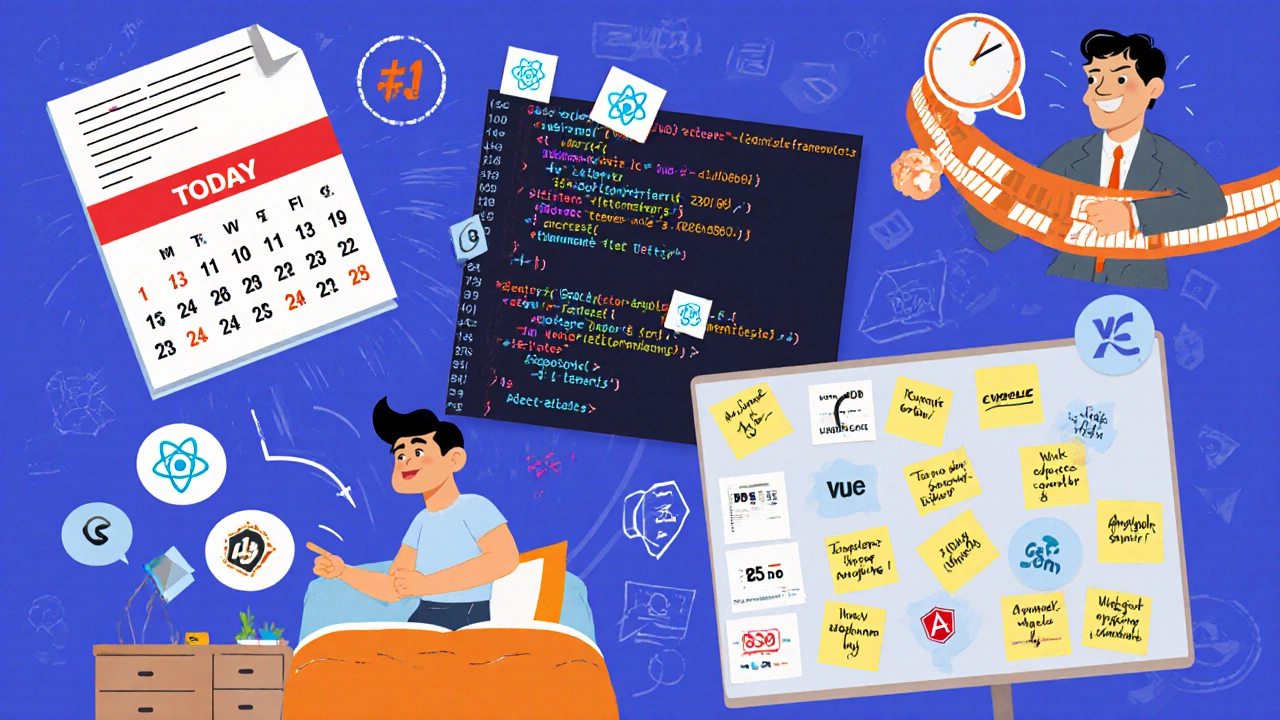 Collage of five coding stressors: deadline, bugs, tech churn, remote isolation, Agile sprint.