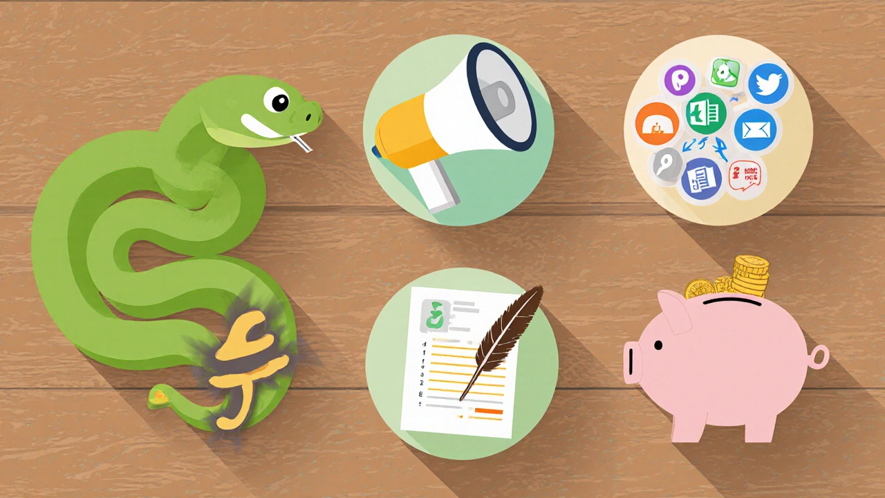 Collage of five course icons: python, megaphone, spreadsheet, quill, and piggy bank.