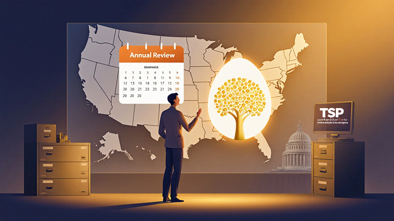 Concept art of an employee planning retirement, viewing a digital dashboard with a coin‑tree nest egg.