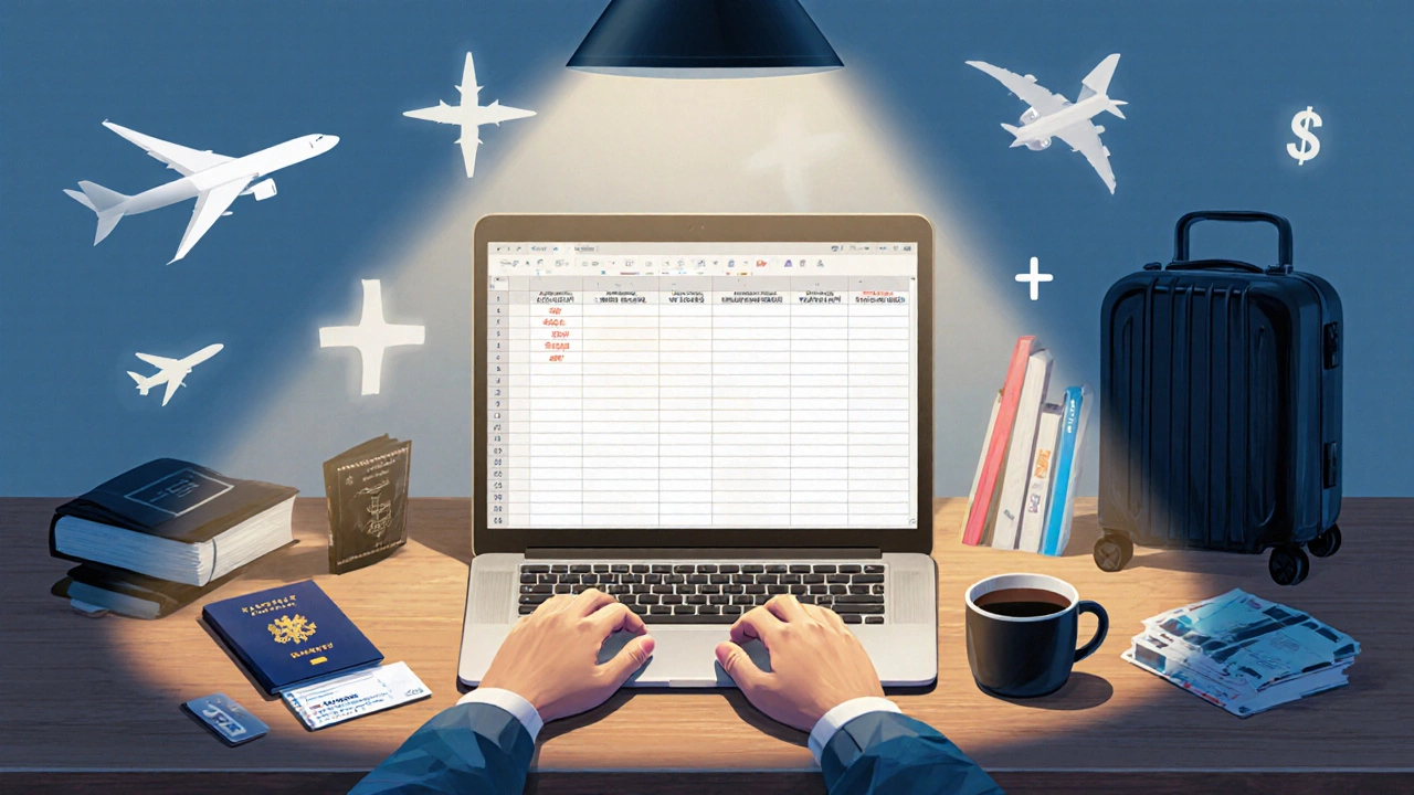 Desk scene showing laptop spreadsheet, passport, insurance card, and suitcase highlighting budgeting for hidden costs.
