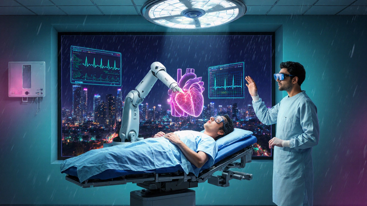 Digital art of a robotic heart surgery with holographic AI, AR glasses, and a futuristic Indian city view.