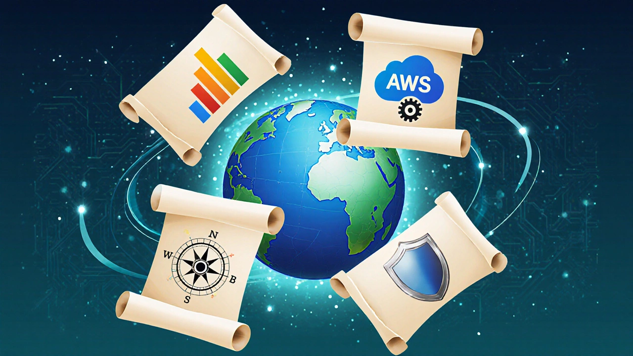 Five certificate scrolls with distinct tech symbols floating around a globe.