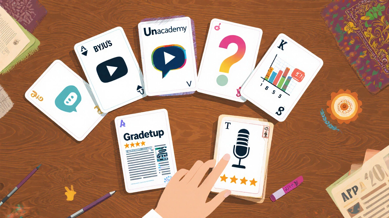 Flat illustration of six app cards spread on a table for comparison.