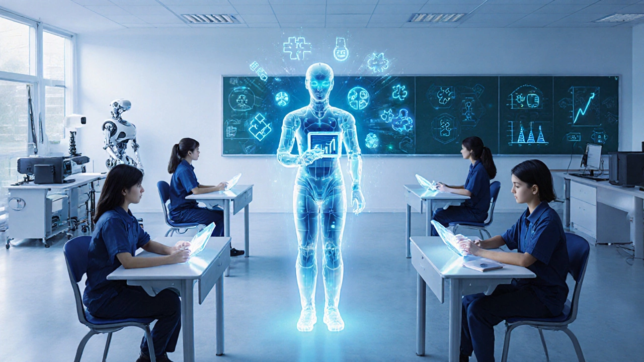 Futuristic classroom with students using AR tablets and an AI tutor projecting holographic lessons.