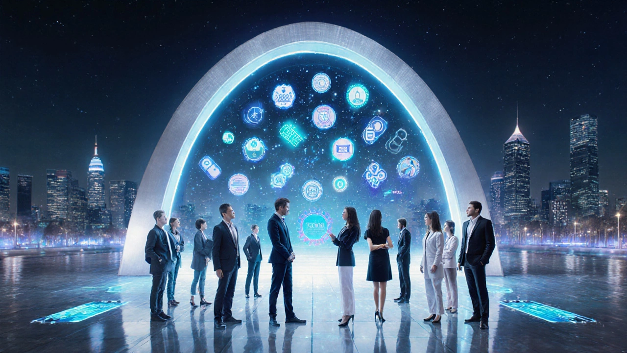 Futuristic plaza with diverse professionals surrounded by holographic Coursera badges.