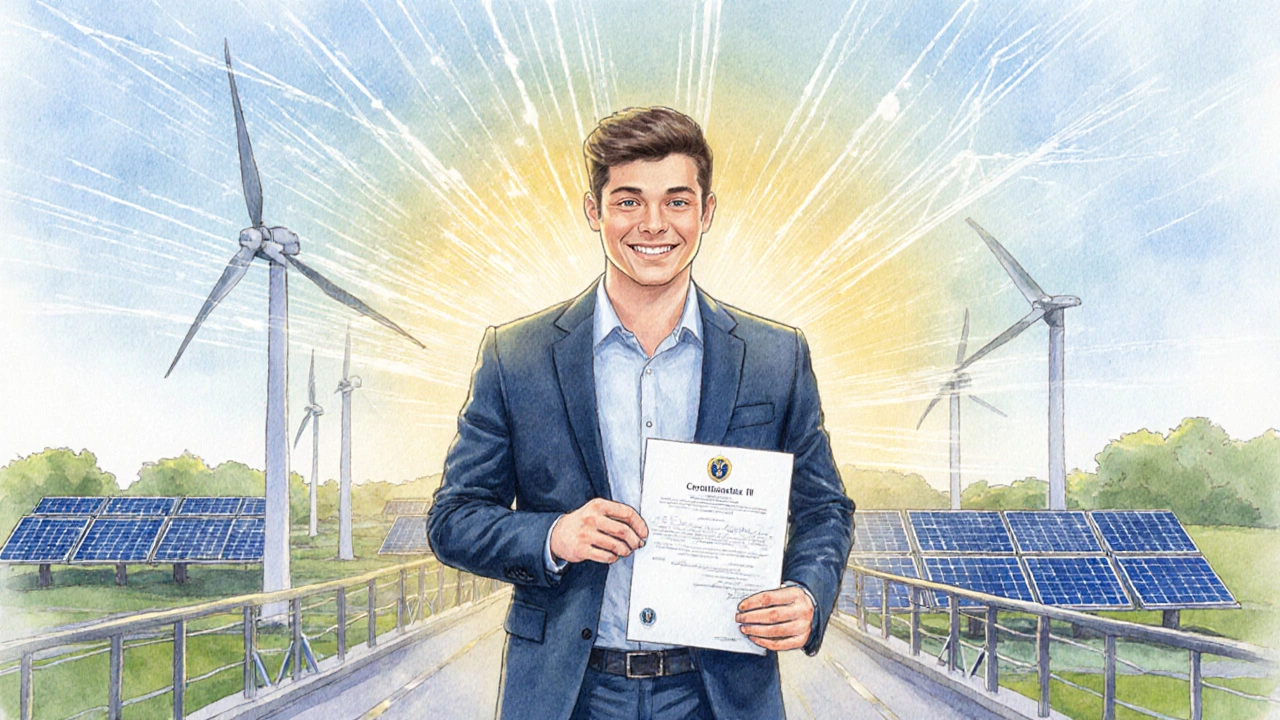 Graduate holding a vocational certificate in front of wind turbines and a cyber‑security backdrop.
