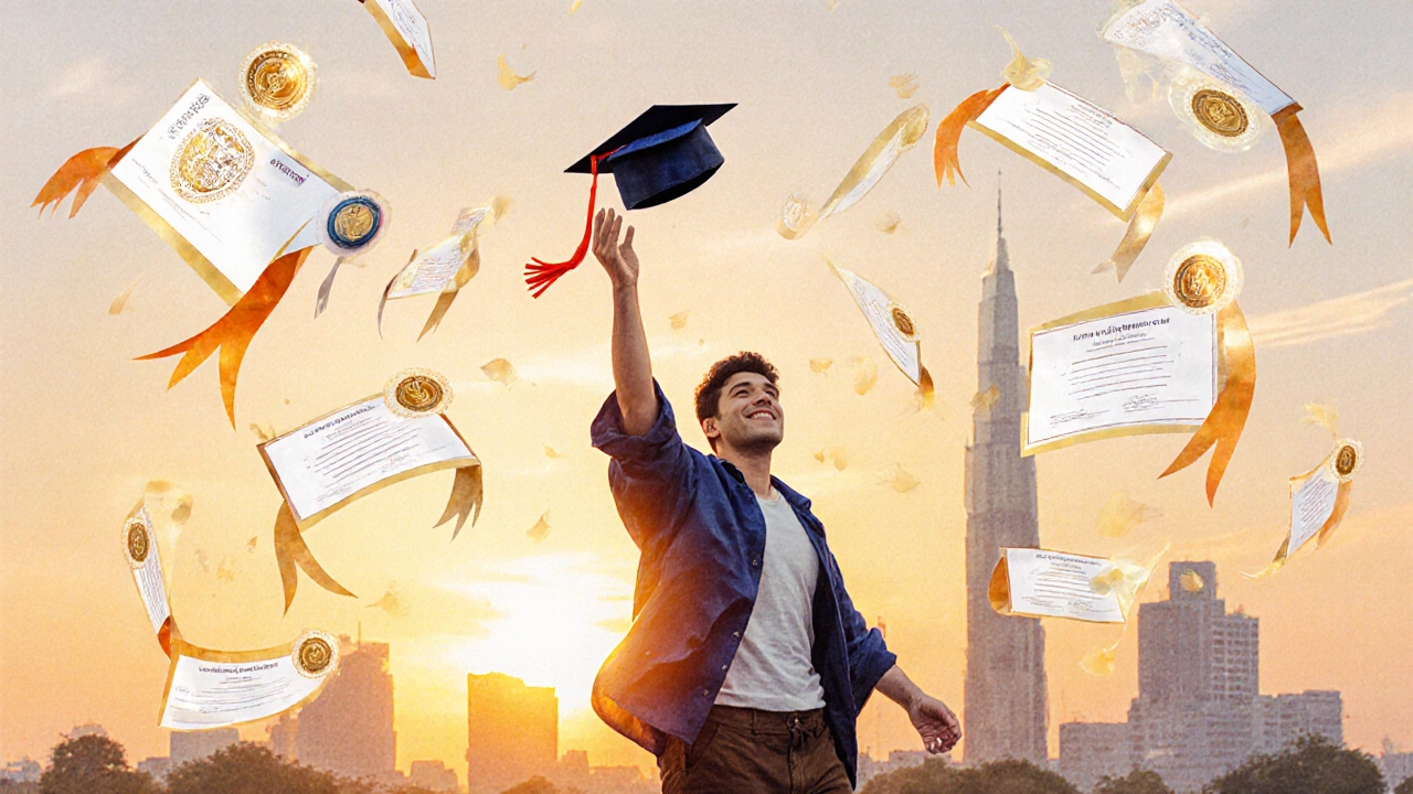 Graduate tossing cap outdoors with floating certificates and city skyline.