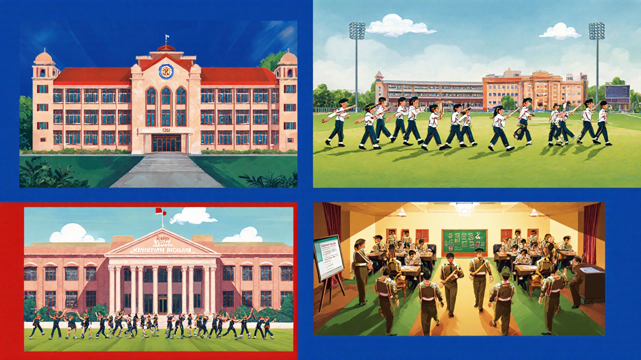 Illustrated collage of five top CBSE schools showing their distinctive features and activities.