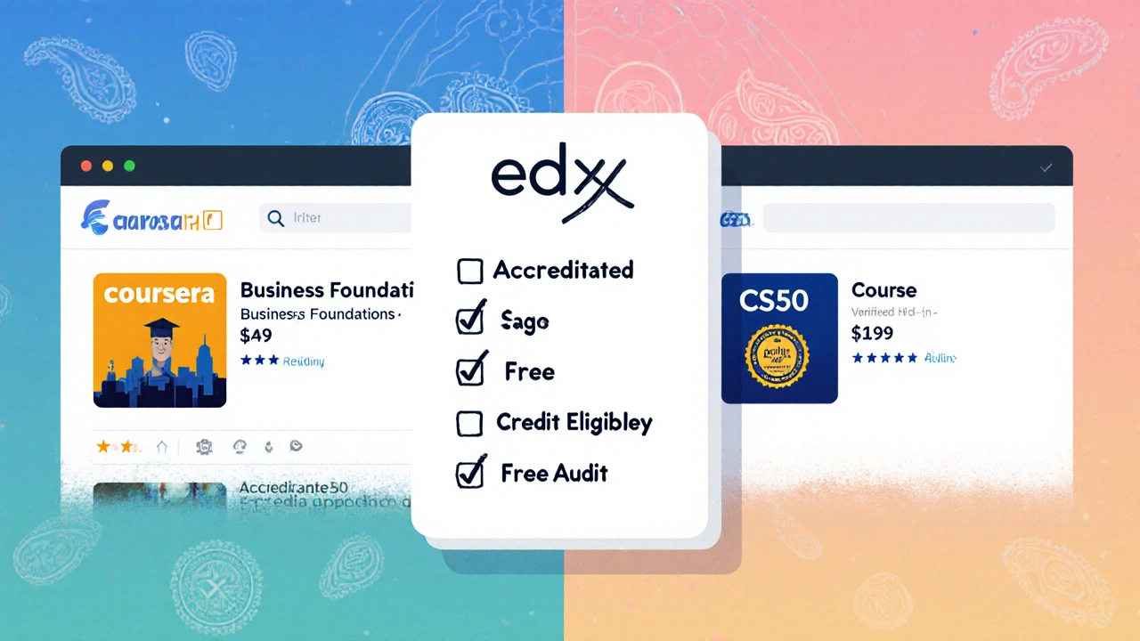 Illustrated comparison of Coursera and edX courses with checklist icons.