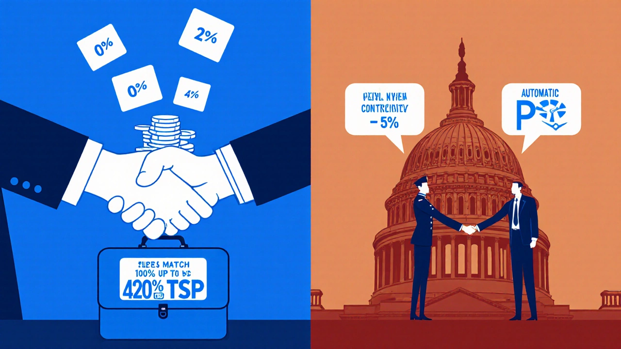 Illustrated comparison of private 401(k) match and federal TSP match with handshake motifs.