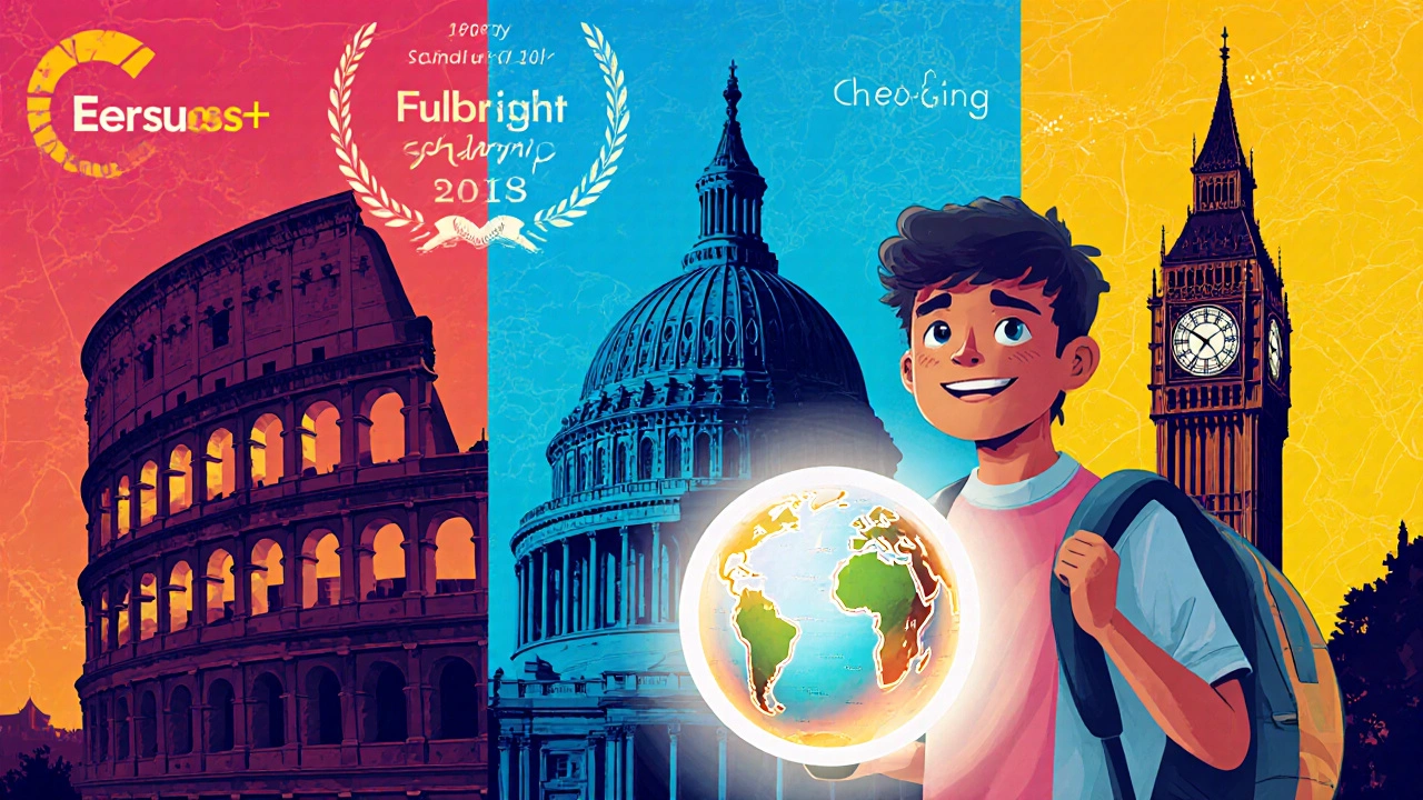 Illustration of Erasmus+, Fulbright, and Chevening scholarships with famous landmarks and a student holding a globe.
