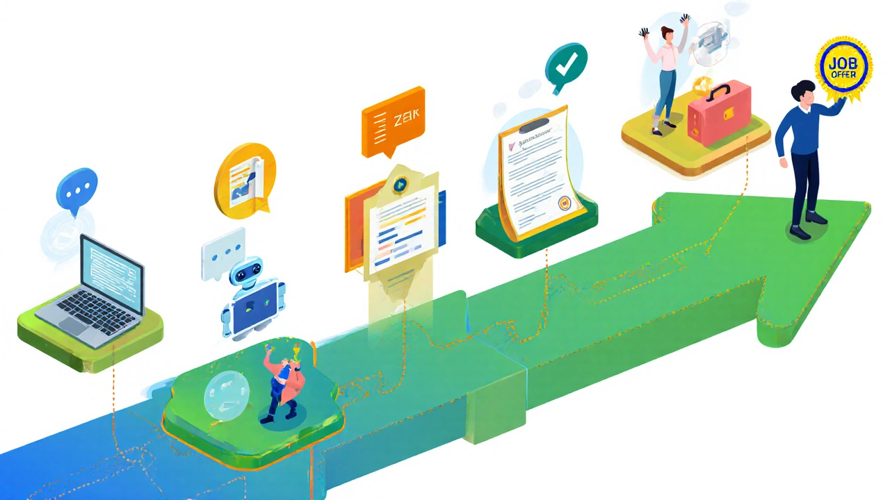 Isometric roadmap illustrating steps from online courses to landing a tech job.