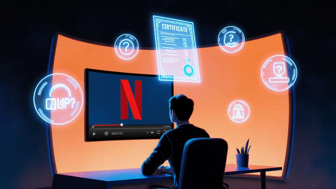 Learner watching Netflix educational video with floating quiz bubbles and a holographic certificate.