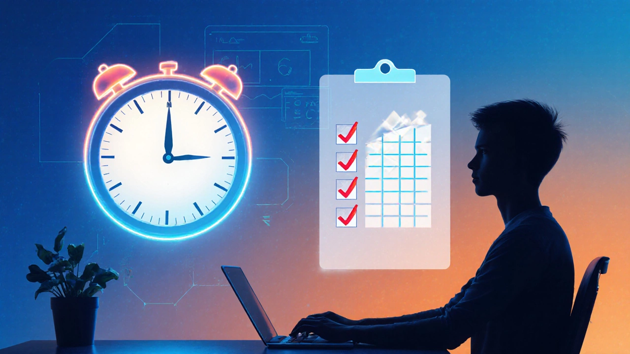 Neon‑styled workspace with timer, checklist, and spreadsheet to show micro‑learning.