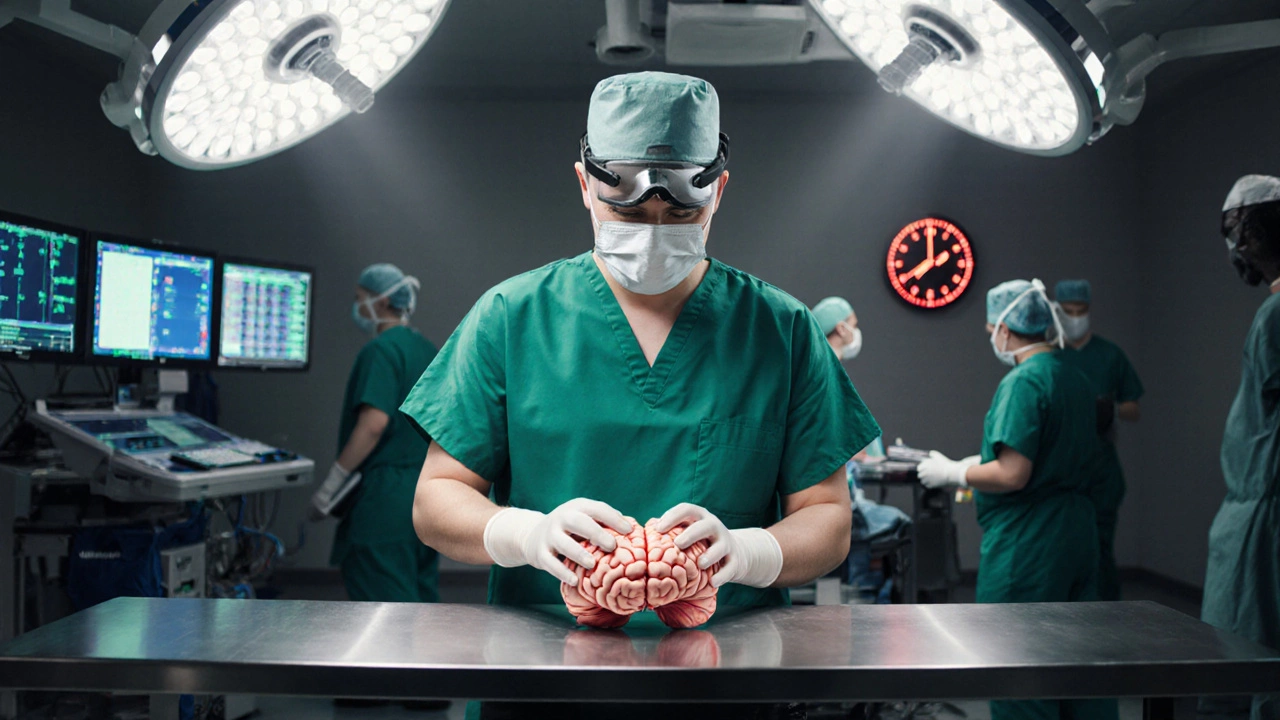 Neurosurgery resident operating on a brain model late at night in an OR.