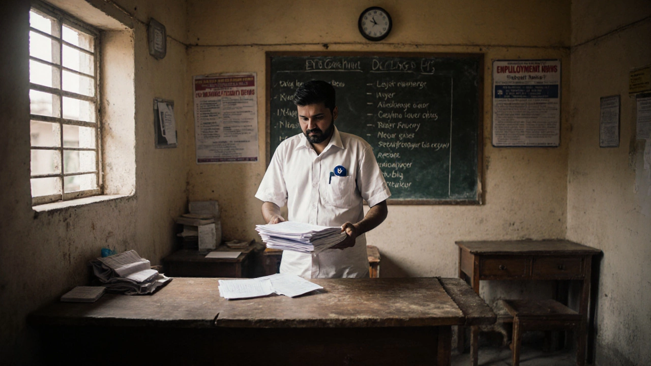 Peon delivering documents in a small-town government office with natural daylight.