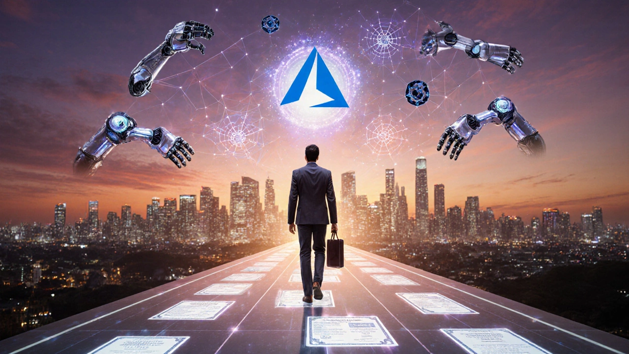 Person walking on a path of certificates toward a futuristic AI‑focused city skyline.