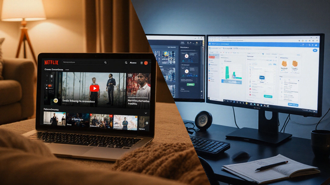 Side-by-side view of Netflix on a couch vs an interactive e‑learning dashboard on a desk.