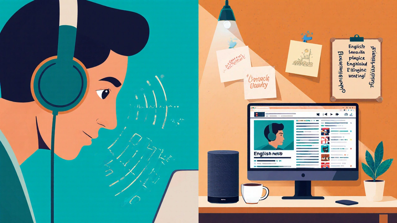 Split illustration of person shadowing a podcast and a cozy English immersion corner.