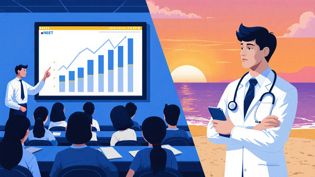 Split illustration showing a coaching class and a future balanced surgeon on a beach.