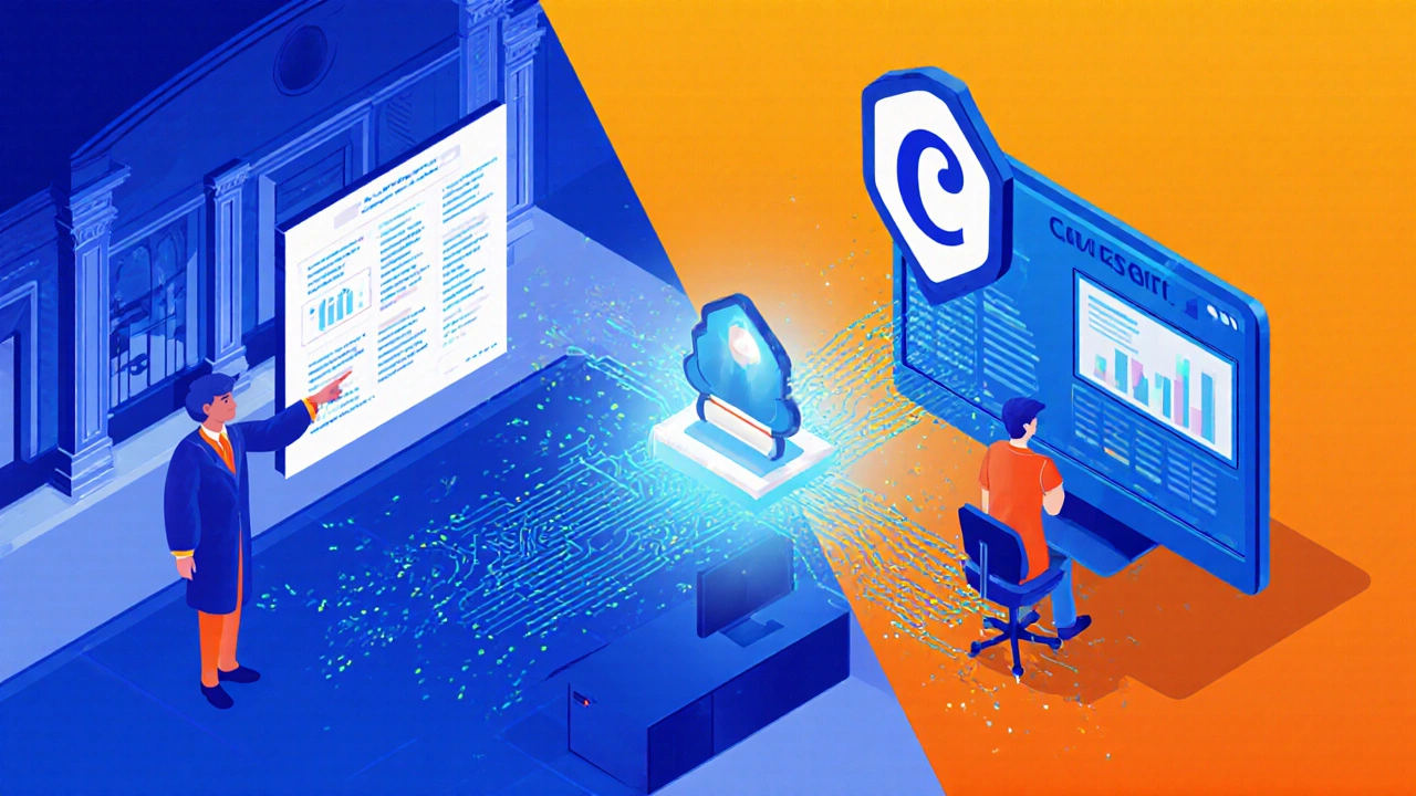 Split‑screen illustration of a university lecture and a tech office linked by digital code and a Coursera badge.