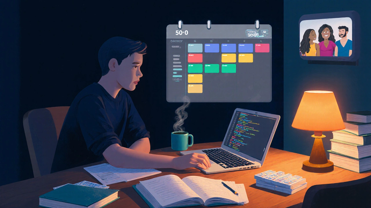 Student studying at night with planner, laptop, coffee, and study group video call.