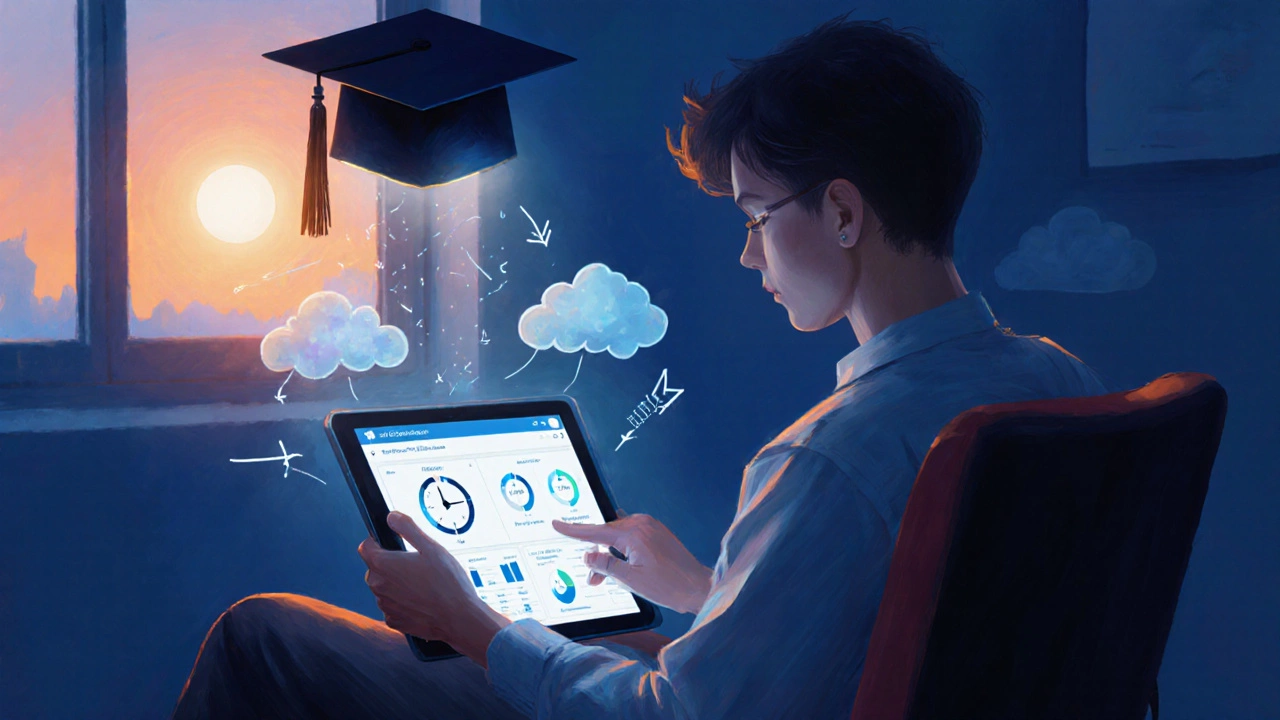Student taking a mock test on a tablet with glowing study‑plan graphics.