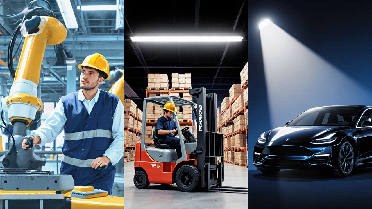 Three Tesla job scenes: assembly line worker, warehouse forklift operator, and showroom technician.