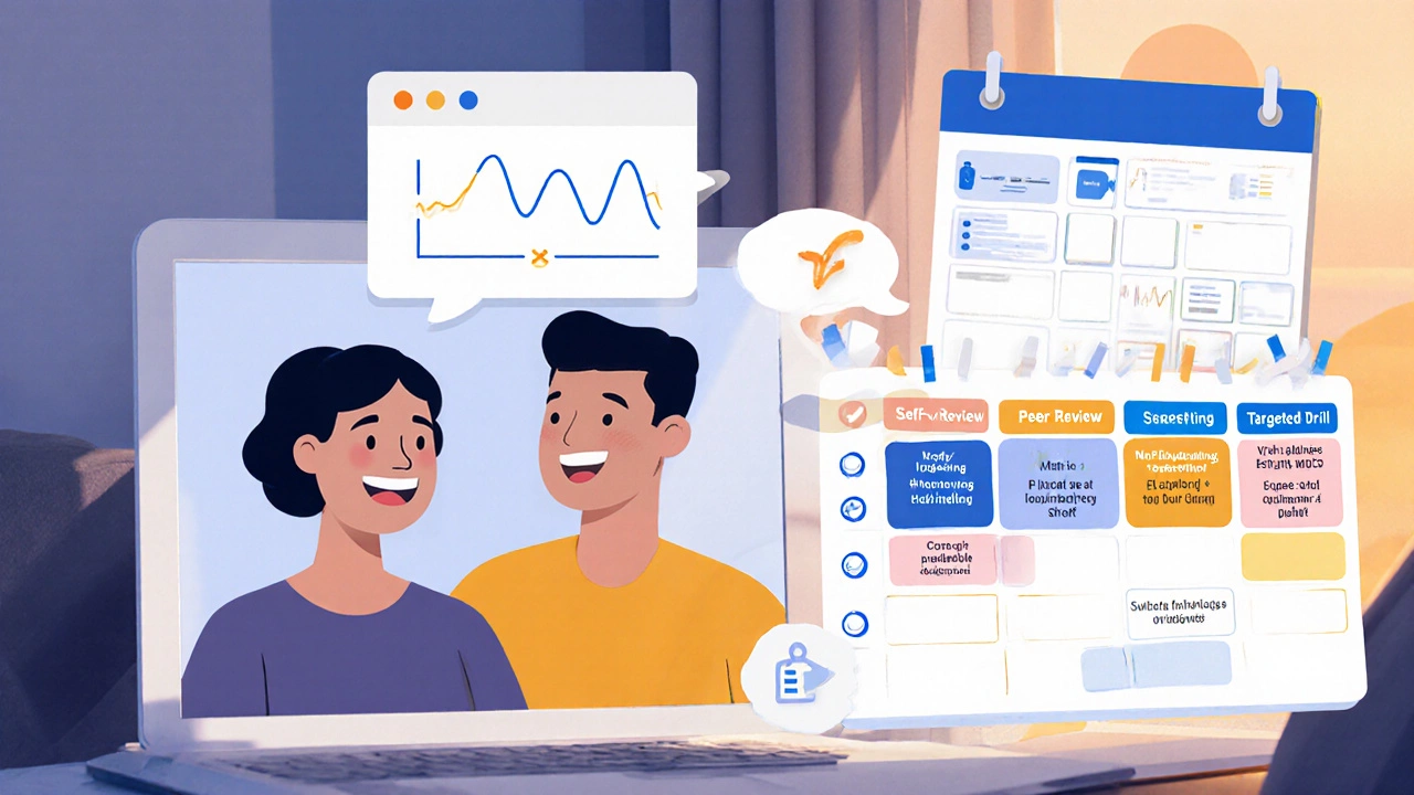 Two people video chatting with feedback icons and a two‑week practice calendar nearby.
