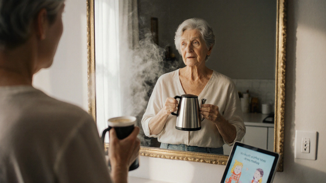 A woman speaking English aloud while making coffee in front of a mirror.