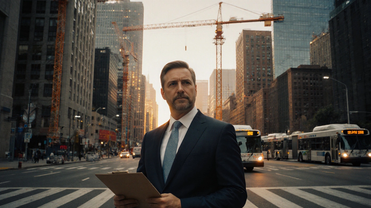City manager standing on a city sidewalk with construction cranes and transit buses in the background.