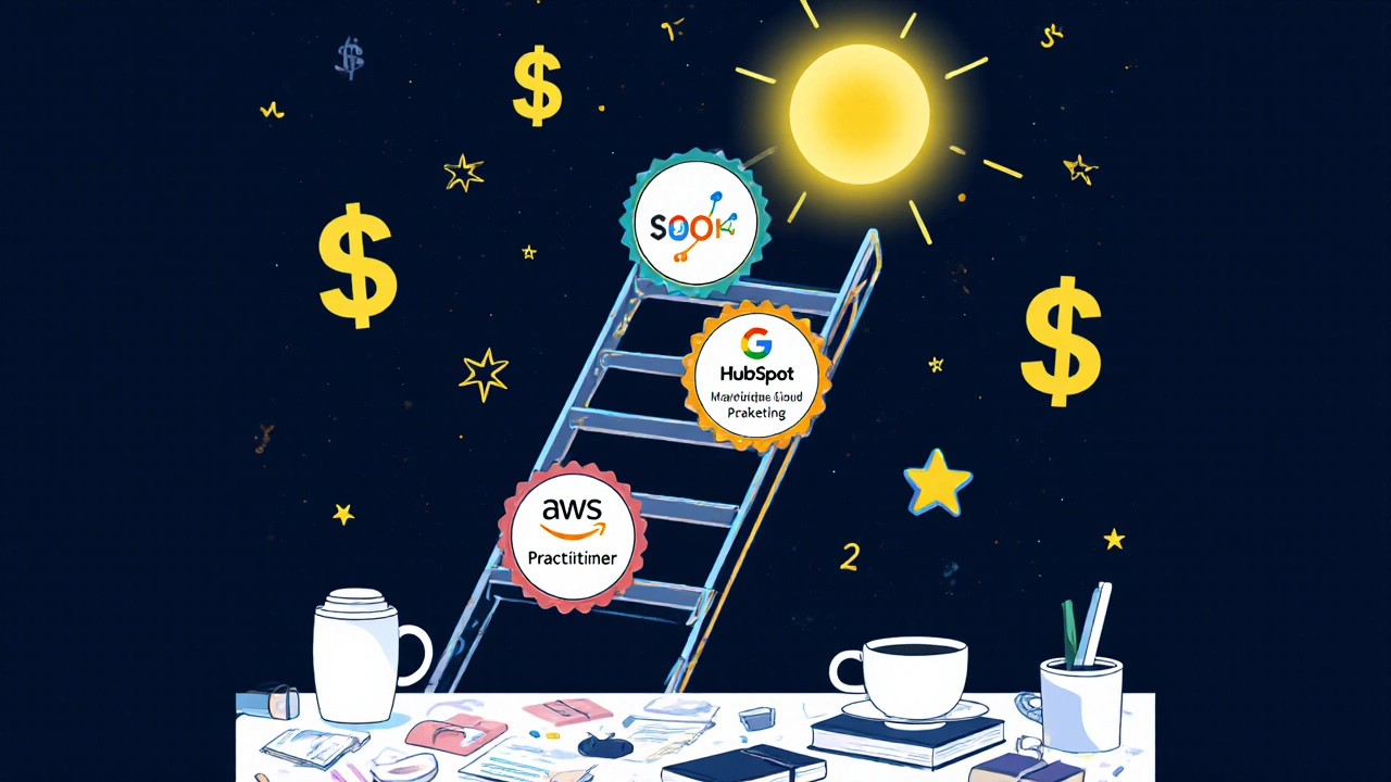 Digital certification badges forming a ladder leading to salary milestones