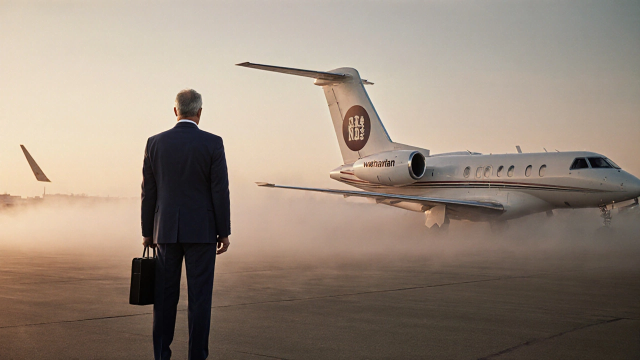 Executive walking toward a private jet at dawn, symbolizing leadership transition.