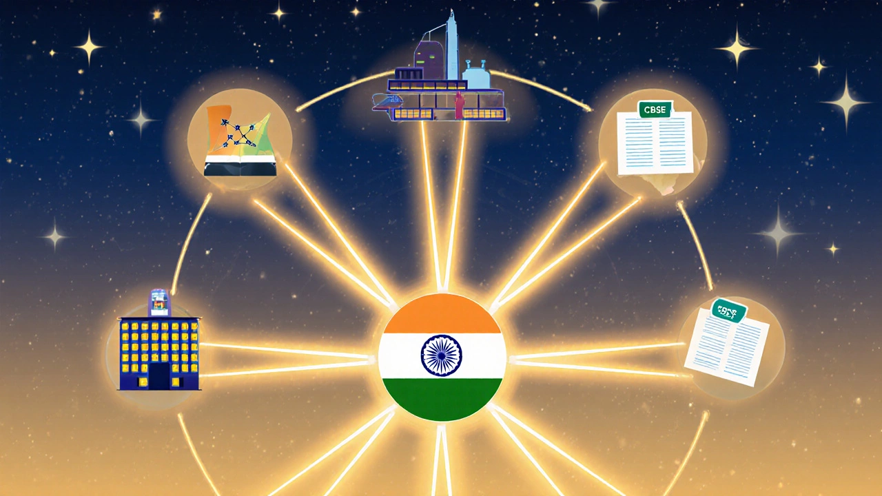 Glowing network connecting global cities to a central CBSE emblem, symbolizing international reach of the Indian curriculum.