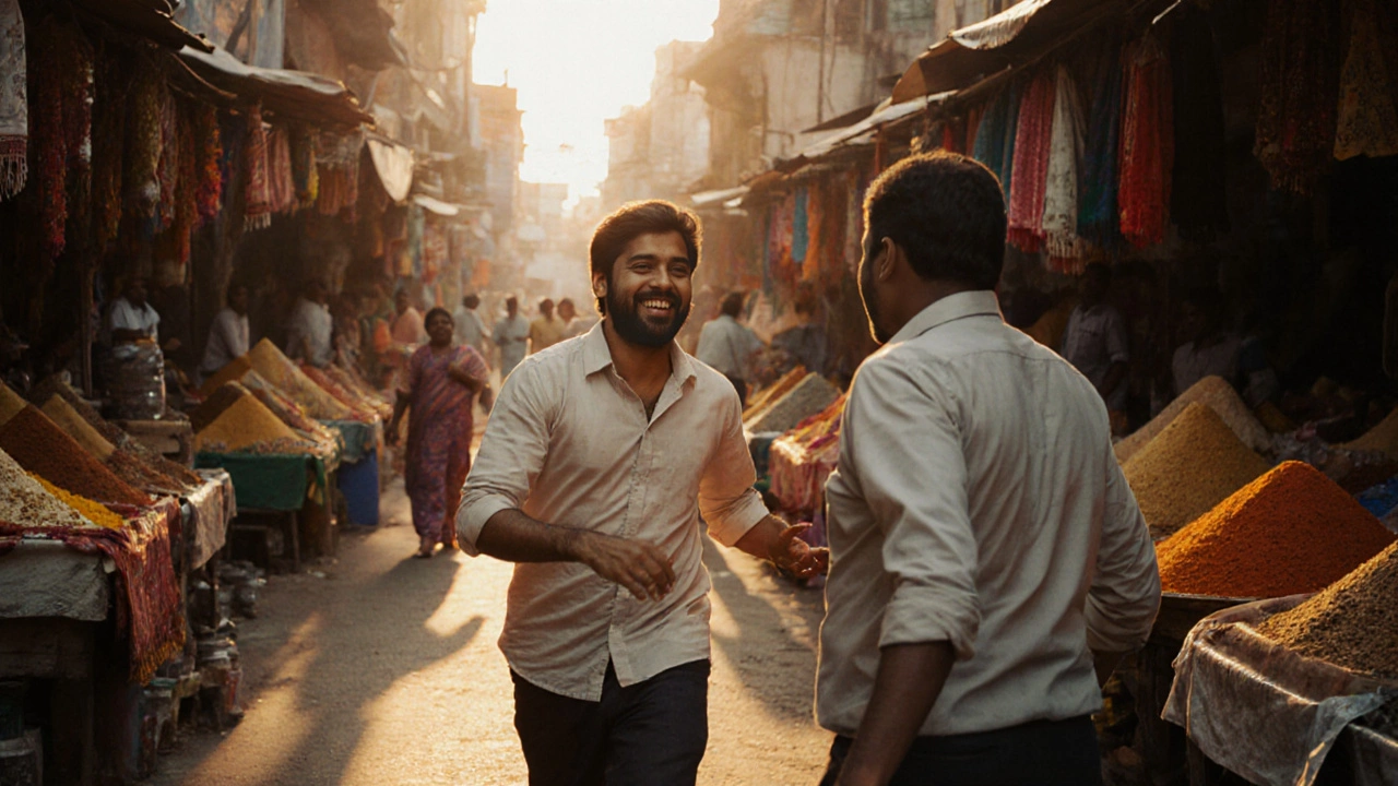 Person confidently speaking English to a vendor in a vibrant street market