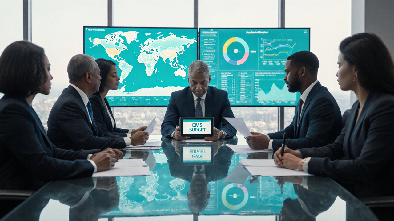 Senior government executives in a modern office reviewing budget data on glowing screens.