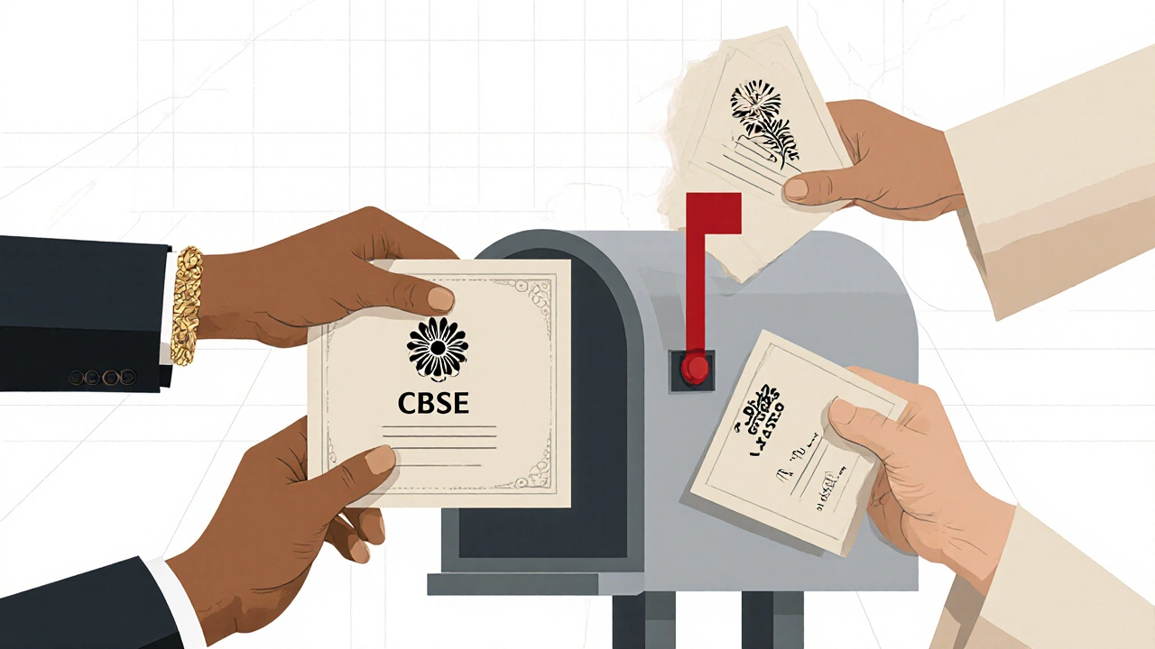 Three hands from different cultures placing CBSE certificates into one global mailbox, representing universal recognition.