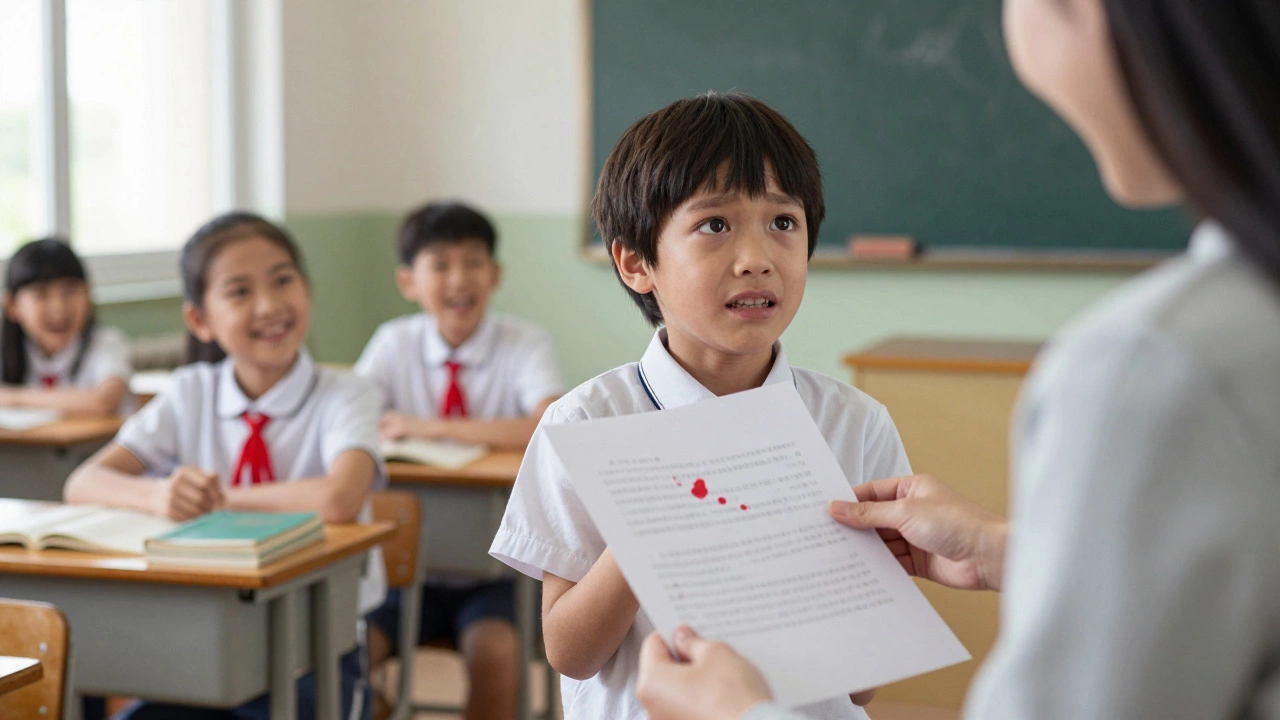 A child in a classroom, embarrassed as a teacher points to red-marked errors.