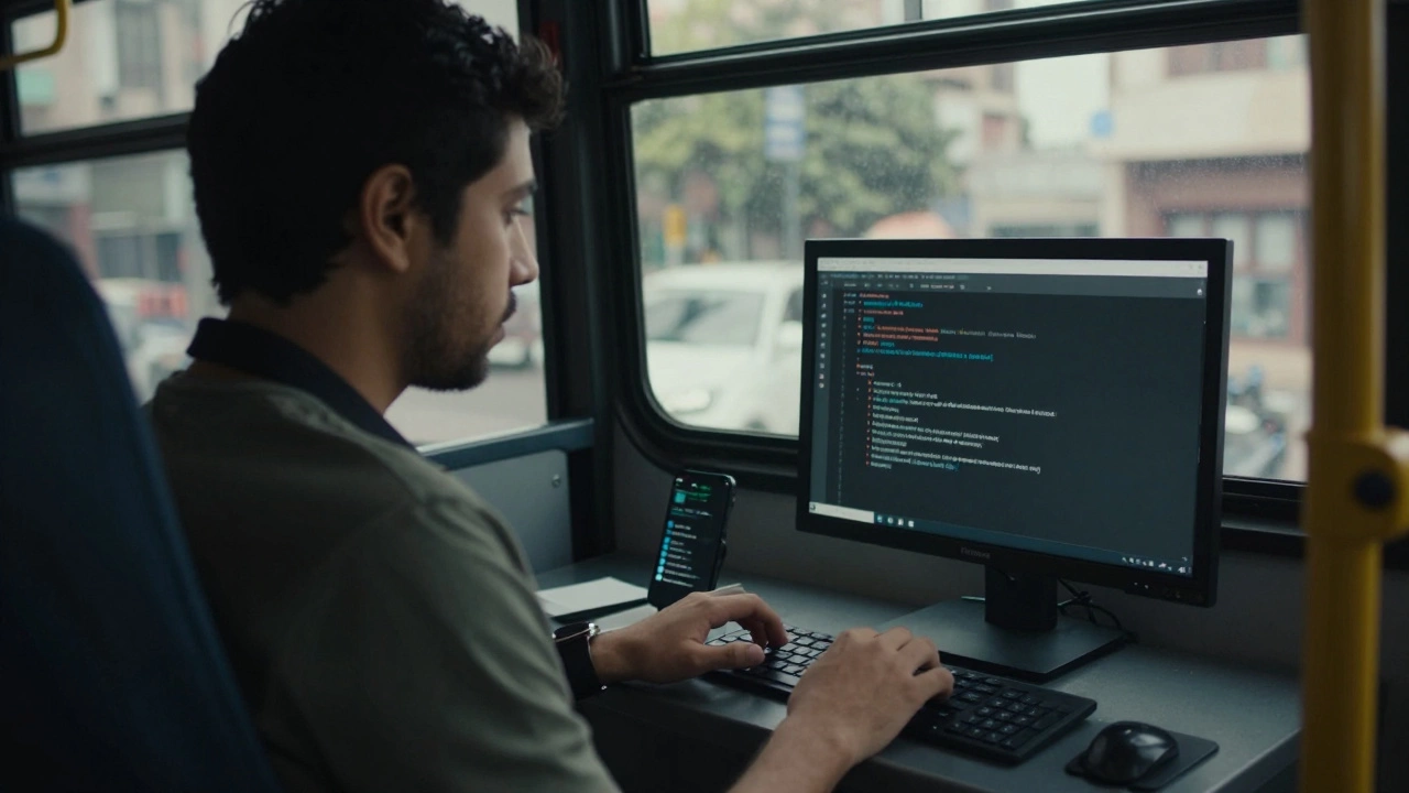 A developer typing Git commands on a phone during a bus commute in Mexico.