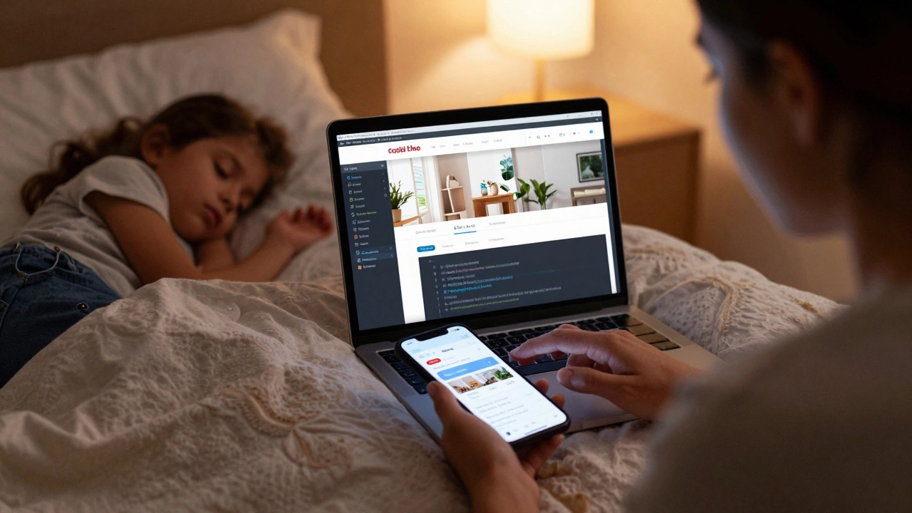 A mother building a website on her phone beside sleeping children at night.