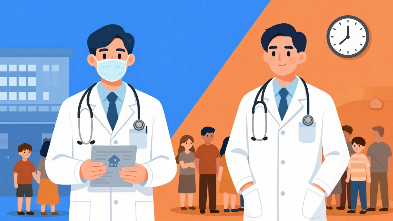 Contrasting government and private doctor lifestyles with symbols of stability and hustle.