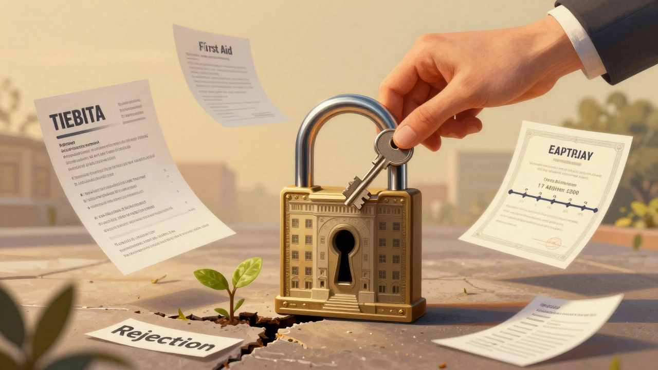 Hand inserting a key into a council-shaped lock, surrounded by job application documents and a growing plant.
